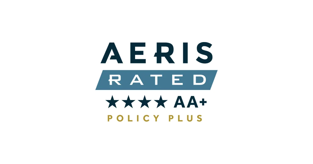 Aeris logo centered on a white background, displaying Momentus Capital's rating of four stars for impact management and an AA+ rating for financial strength and performance.