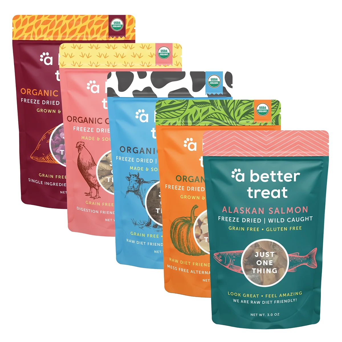 A Better Treat’s Organic Mixed Treat Pack packaging displayed with its raw foods in a kitchen setting featured in the Momentus Capital holiday gift guide to support small businesses as a pet gift idea for dogs and cats.