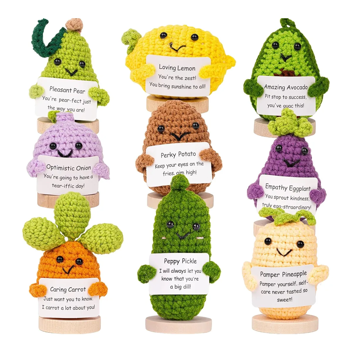 Nine Cheerspace handmade crocheted fruits and veggies holding encouraging signs featured in the Momentus Capital holiday gift guide to support small businesses as a home and decor gift.