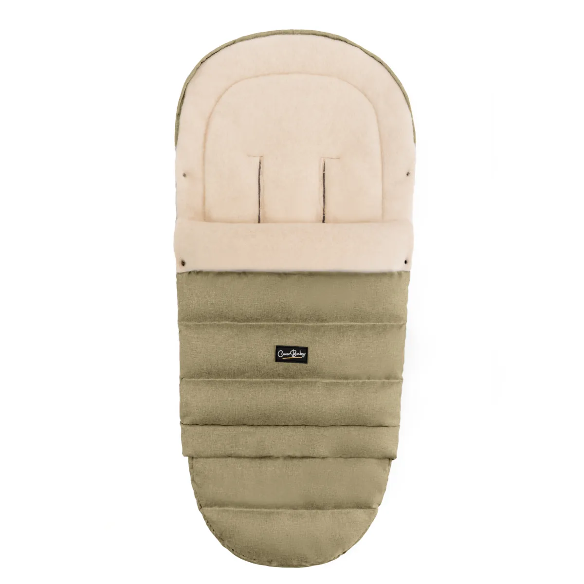 Cover Baby olive wool arctic footmuff shown with adjustable design, highlighted in this small business holiday gift guide as a high quality organic wool footmuff for winter outings.