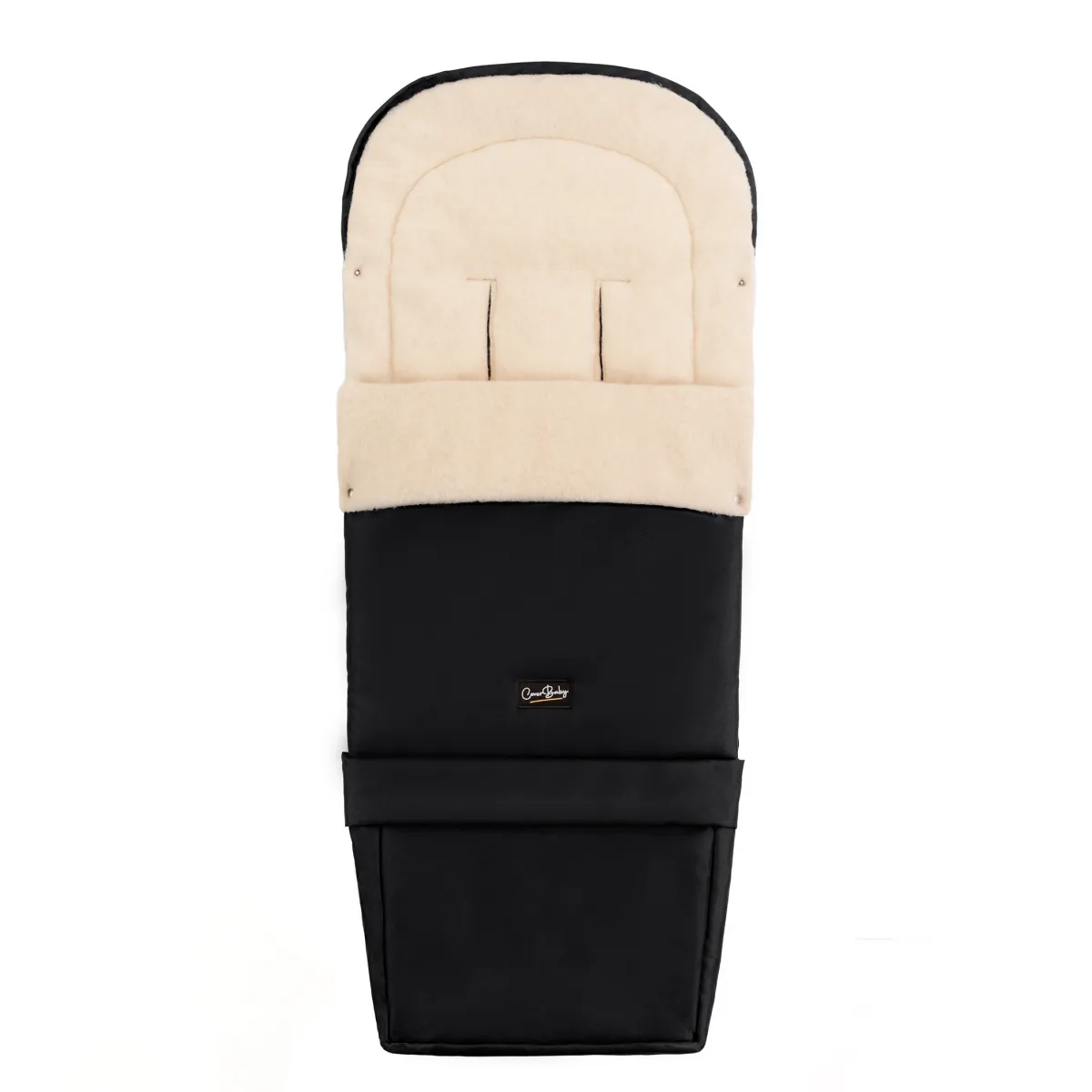 Cover Baby black organic wool footmuff displayed with soft lining and zipper details, featured in the Momentus Capital small business holiday gift guide as a warm baby and kids gift.