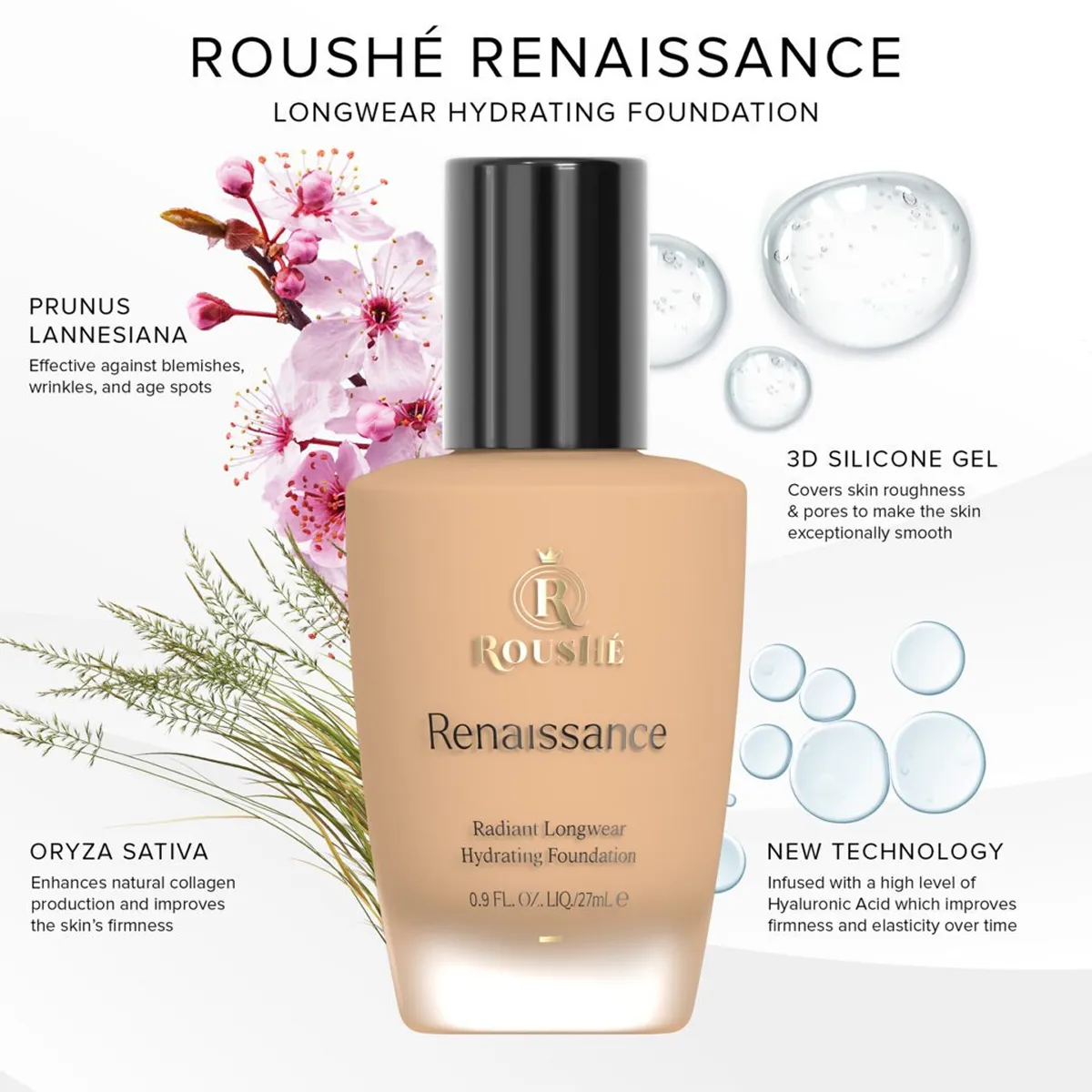 Bottle of ROUSHÉ Renaissance Radiant Longwear Hydrating Foundation.