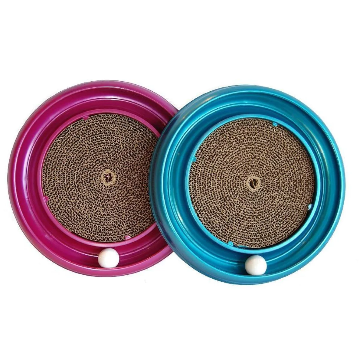 A Village Pet & Feed product, the Bergan Turbo Scratcher Cat Toy, displayed in two colors, Blue or Mulberry (color shipped will vary), on a white studio background featured in the Momentus Capital holiday gift guide to support small businesses as a pet gift idea for dogs and cats.