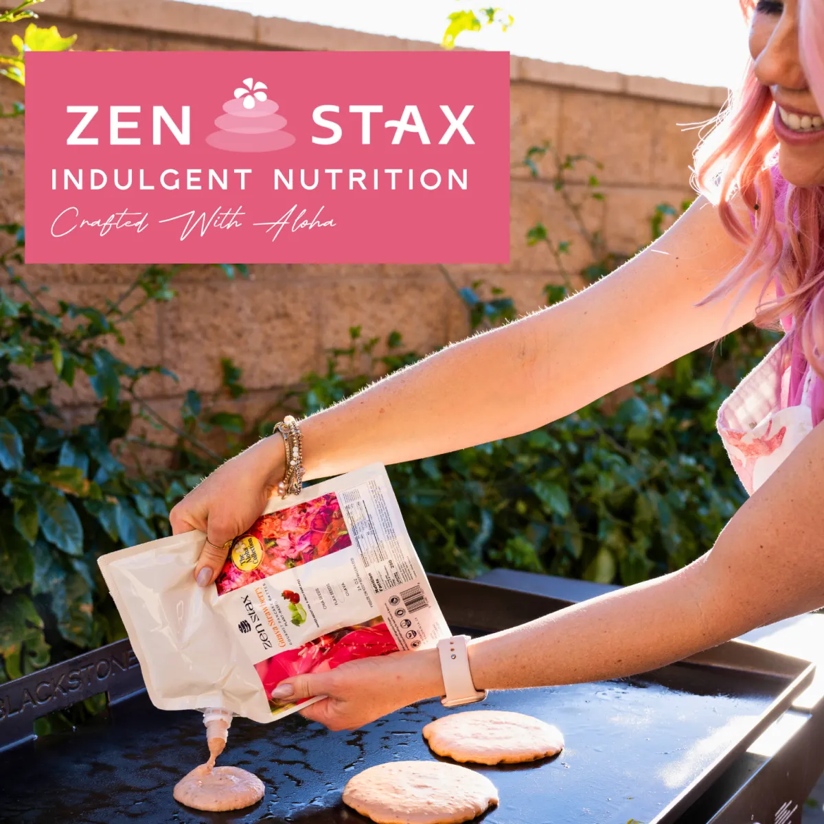 Zen Stax Vanilla Bean Pancake Batter shown as a frozen pour-and-flip mix, featured in the Momentus Capital small business gift guide as a gourmet food gift.