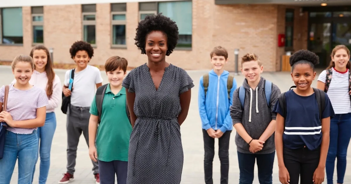 Charter school teacher standing with students outside a school eligible for New Markets Tax Credit financing from Capital Impact Partners.